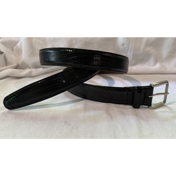 TORINO Black Embossed Italian Kipskin Leather Belt Silver Brass Buckle Sz 36